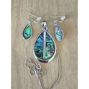 Abalone Pendant Necklace & Matching Earrings Set Sterling Silver Jewelry Elegant